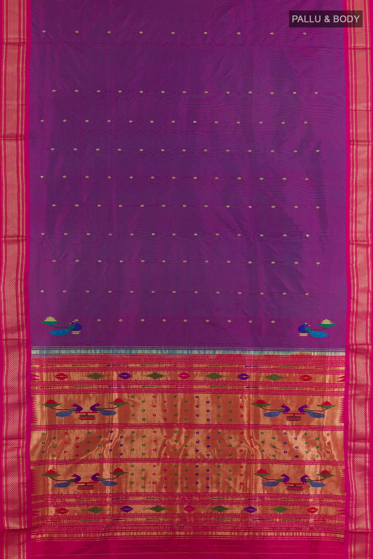 Flat view of Pure Silk Purple Paithani Saree with Zari Butta on the body and Zari Border. 