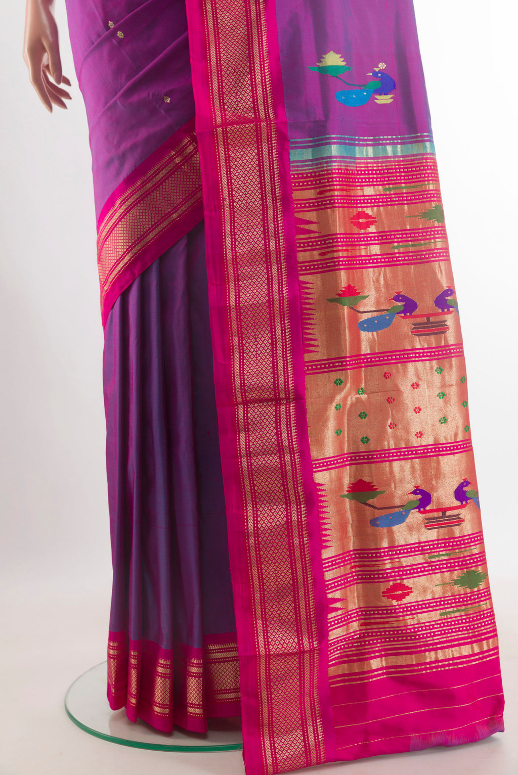 Pleats and pallu of Pure Silk Purple Paithani Saree with Zari Butta on the body and Zari Border. 