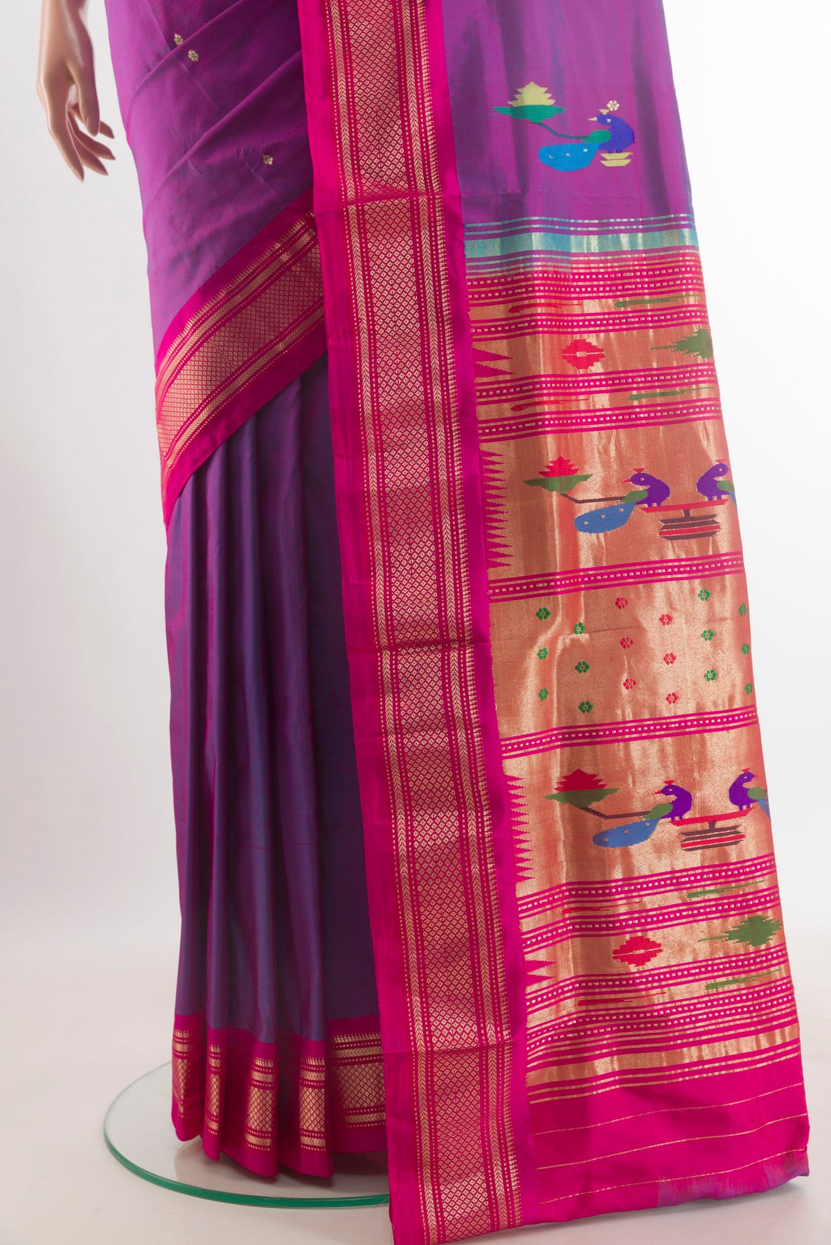 Pleats and pallu of Pure Silk Purple Paithani Saree with Zari Butta on the body and Zari Border. 