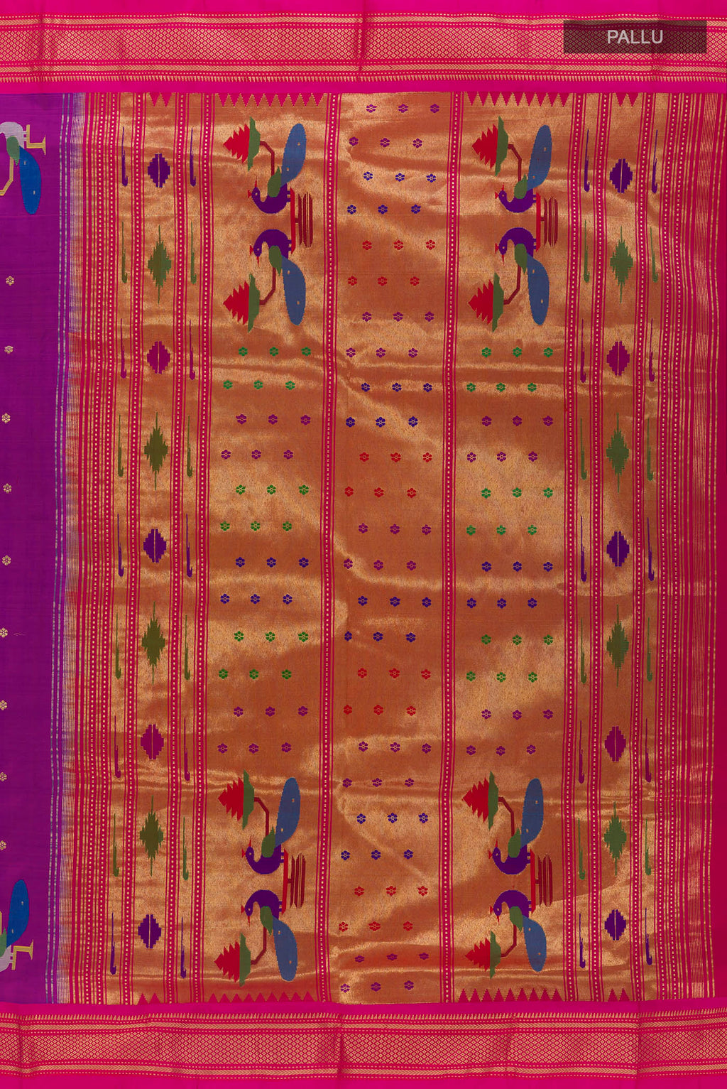 Close up image of the pallu of Pure Silk Purple Paithani Saree with Zari Butta on the body and Zari Border. 
