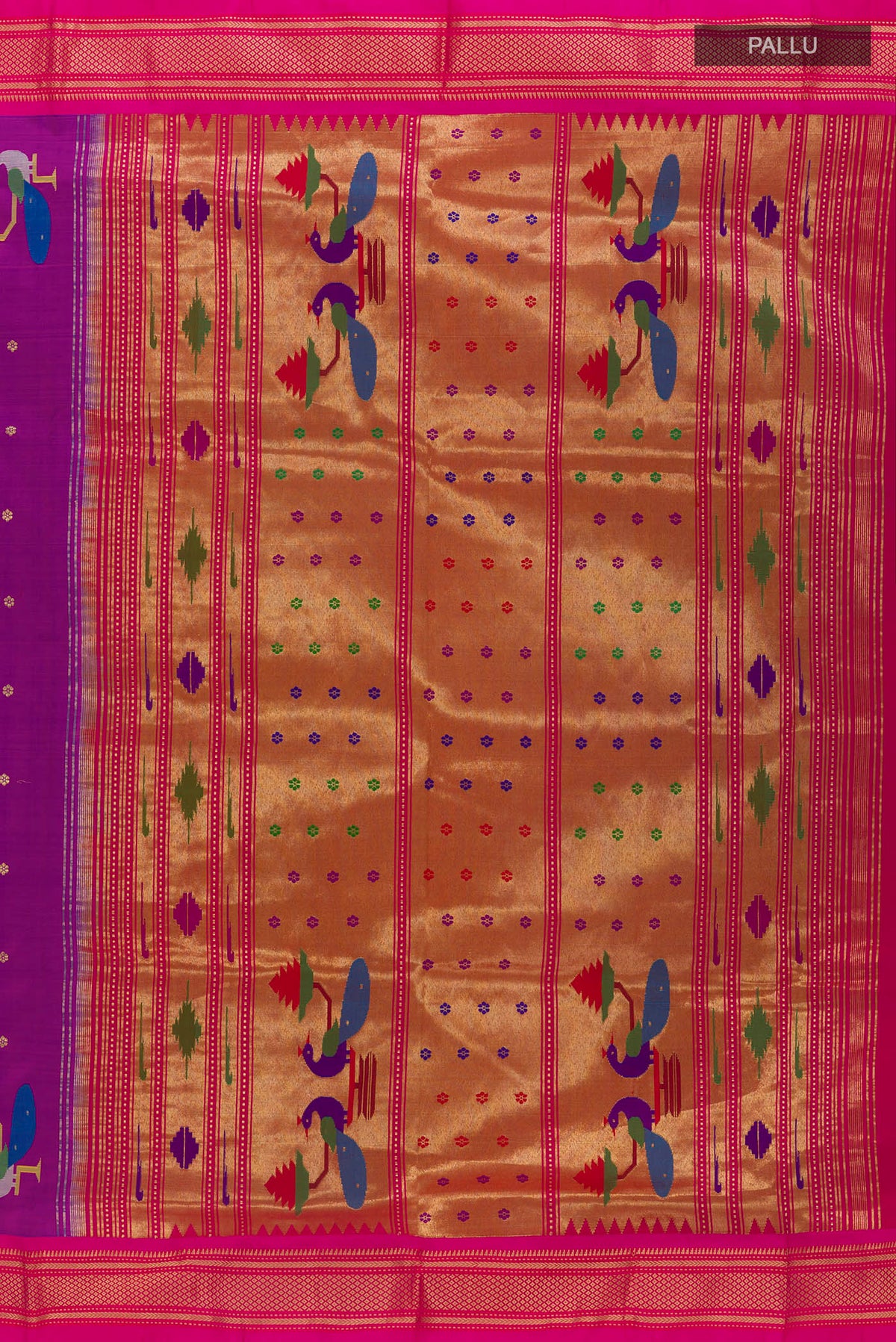 Close up image of the pallu of Pure Silk Purple Paithani Saree with Zari Butta on the body and Zari Border. 