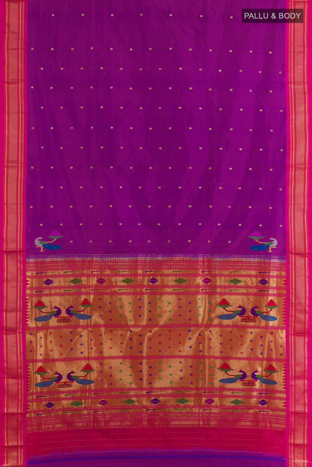 Flat view of Pure Silk Purple Paithani Saree with Zari Butta on the body and Zari Border. 