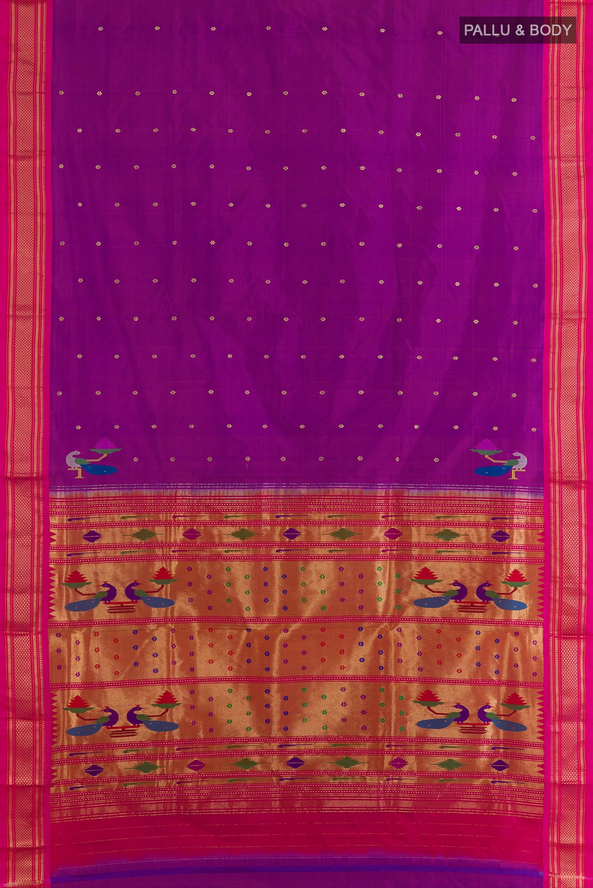 Flat view of Pure Silk Purple Paithani Saree with Zari Butta on the body and Zari Border. 