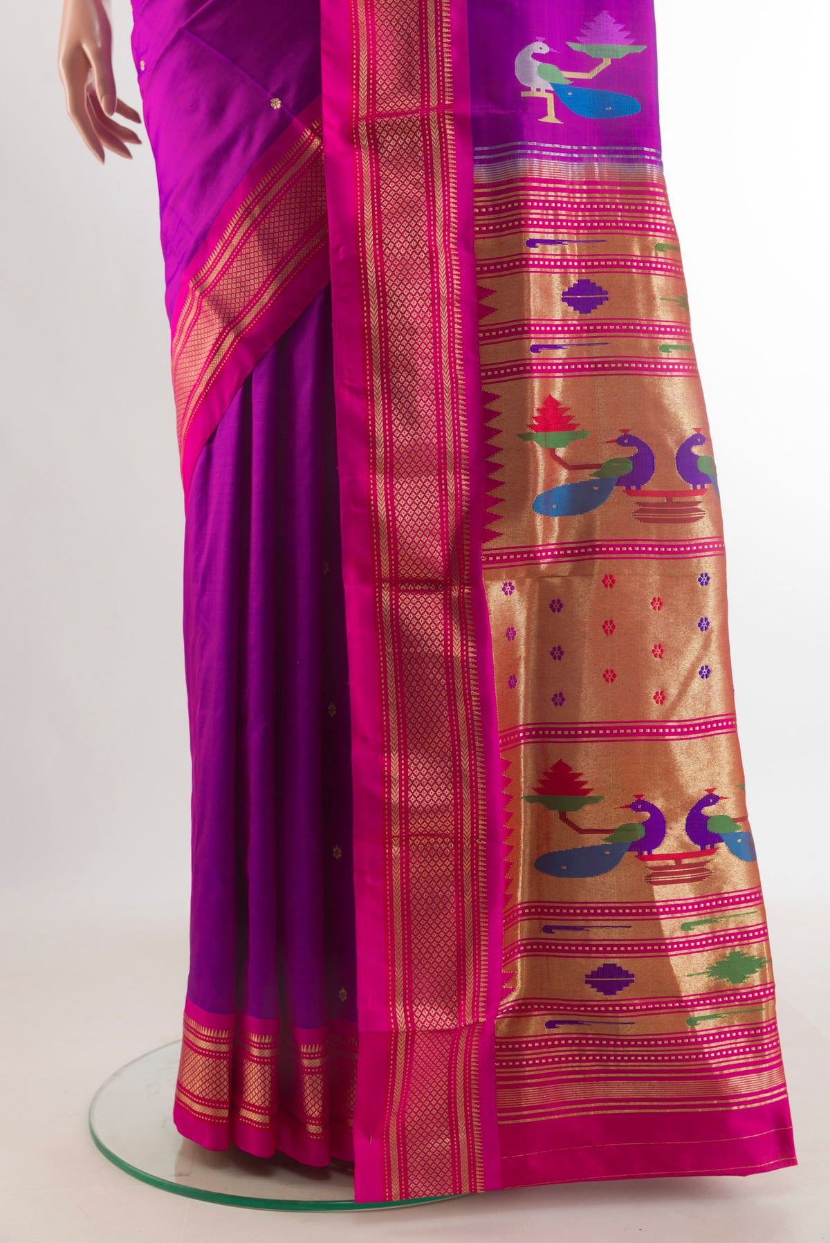 Pleats and pallu of Pure Silk Purple Paithani Saree with Zari Butta on the body and Zari Border. 