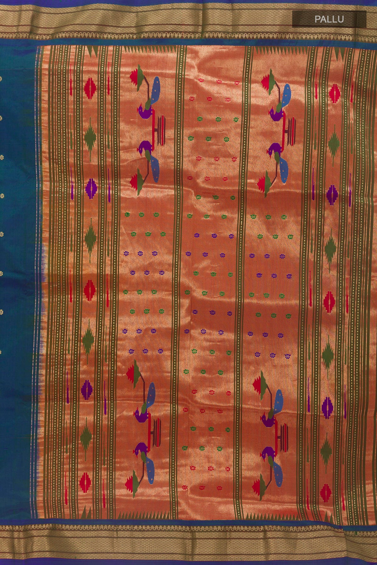 Close up image of the pallu of Pure Silk Peacock Blue Dual Tone Paithani Saree with Zari Butta on the body and Zari Border. 