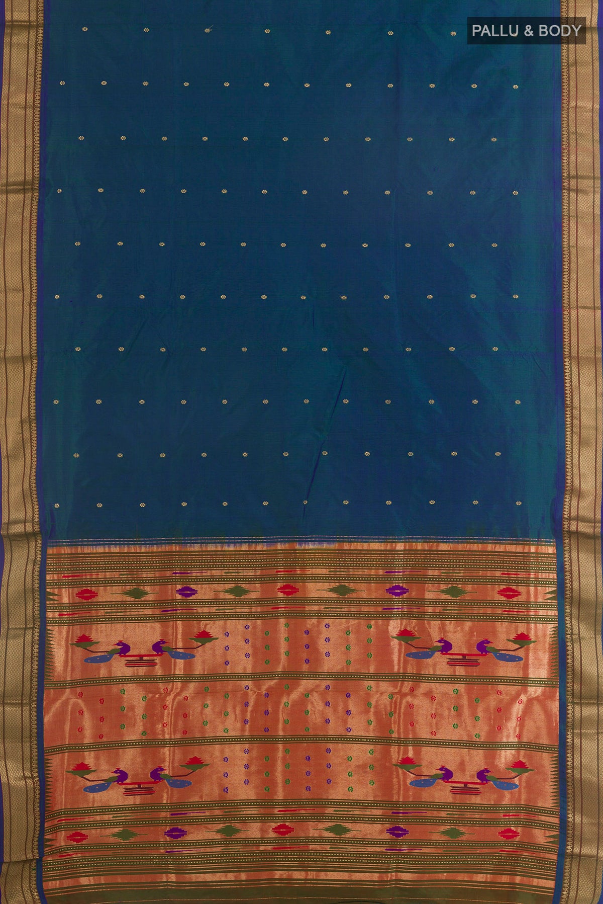 Flat view of Pure Silk Peacock Blue Dual Tone Paithani Saree with Zari Butta on the body and Zari Border. 