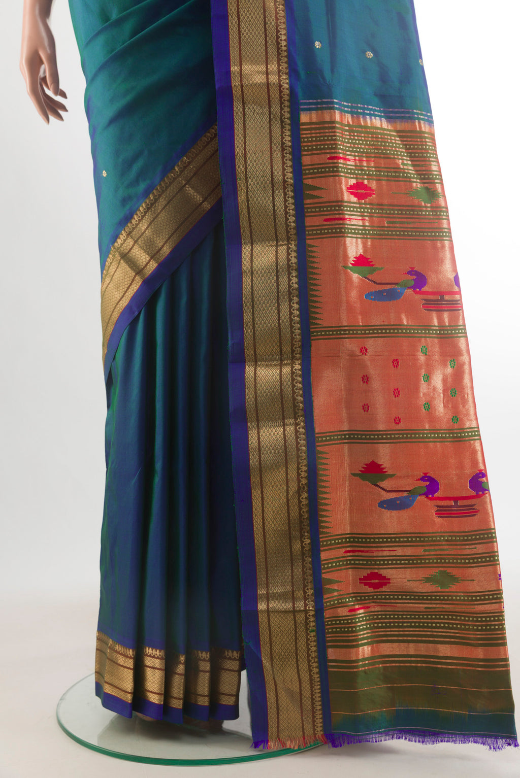 Pleats and pallu of Pure Silk Peacock Blue Dual Tone Paithani Saree with Zari Butta on the body and Zari Border. 