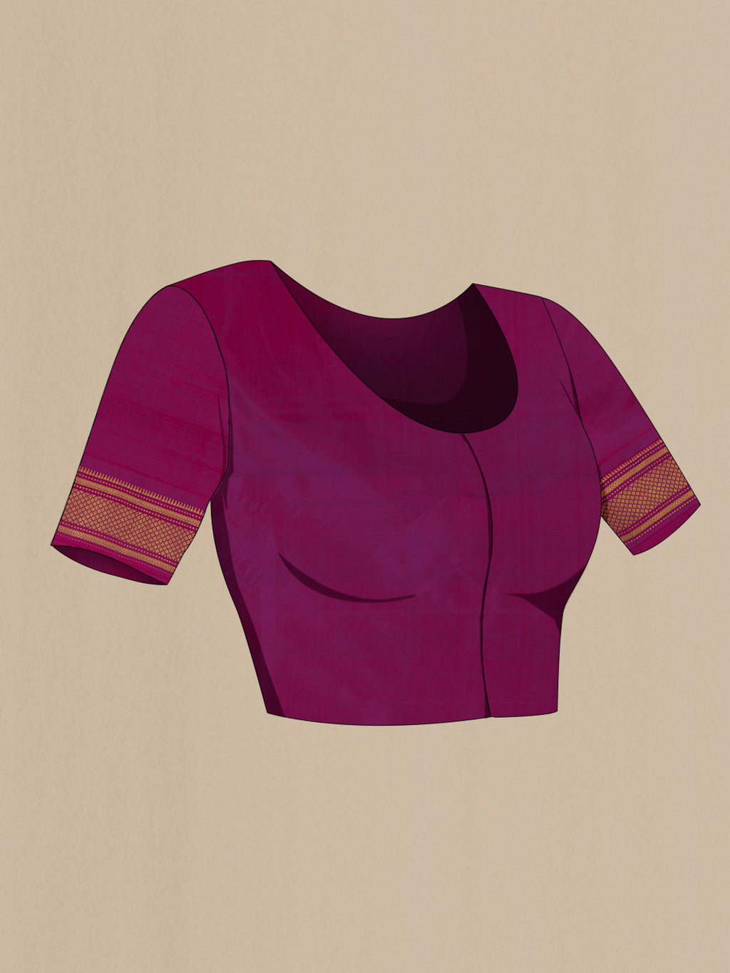 Close up image of the blouse of Pure Silk Purple Paithani Saree with Zari Butta on the body and Zari Border. 