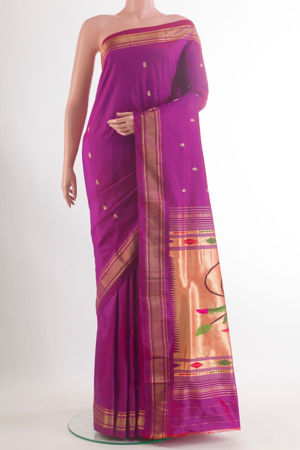 Pure Silk Purple Paithani Saree with Zari Butta on the body and Zari Border.  displayed on a mannequin