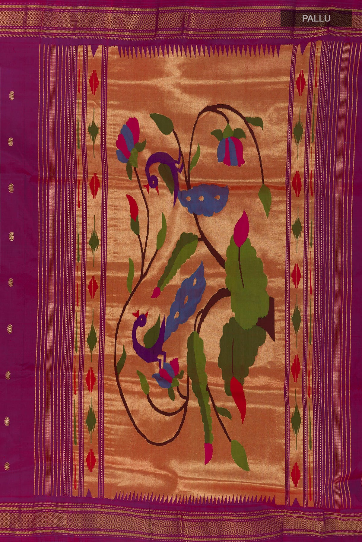 Close up image of the pallu of Pure Silk Purple Paithani Saree with Zari Butta on the body and Zari Border. 