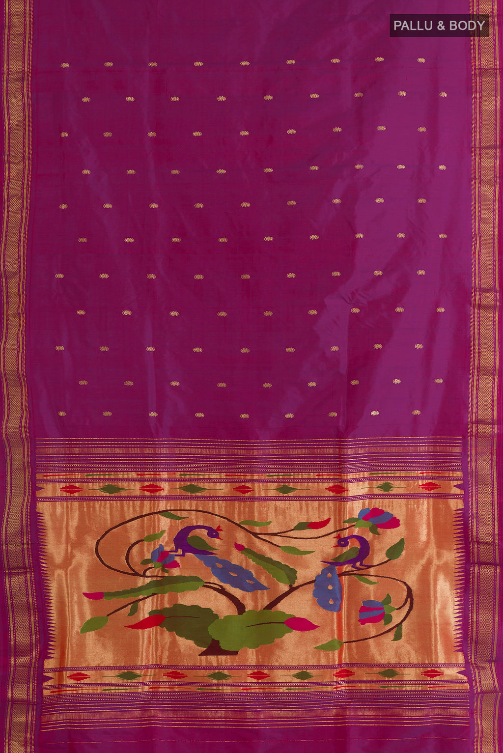 Flat view of Pure Silk Purple Paithani Saree with Zari Butta on the body and Zari Border. 