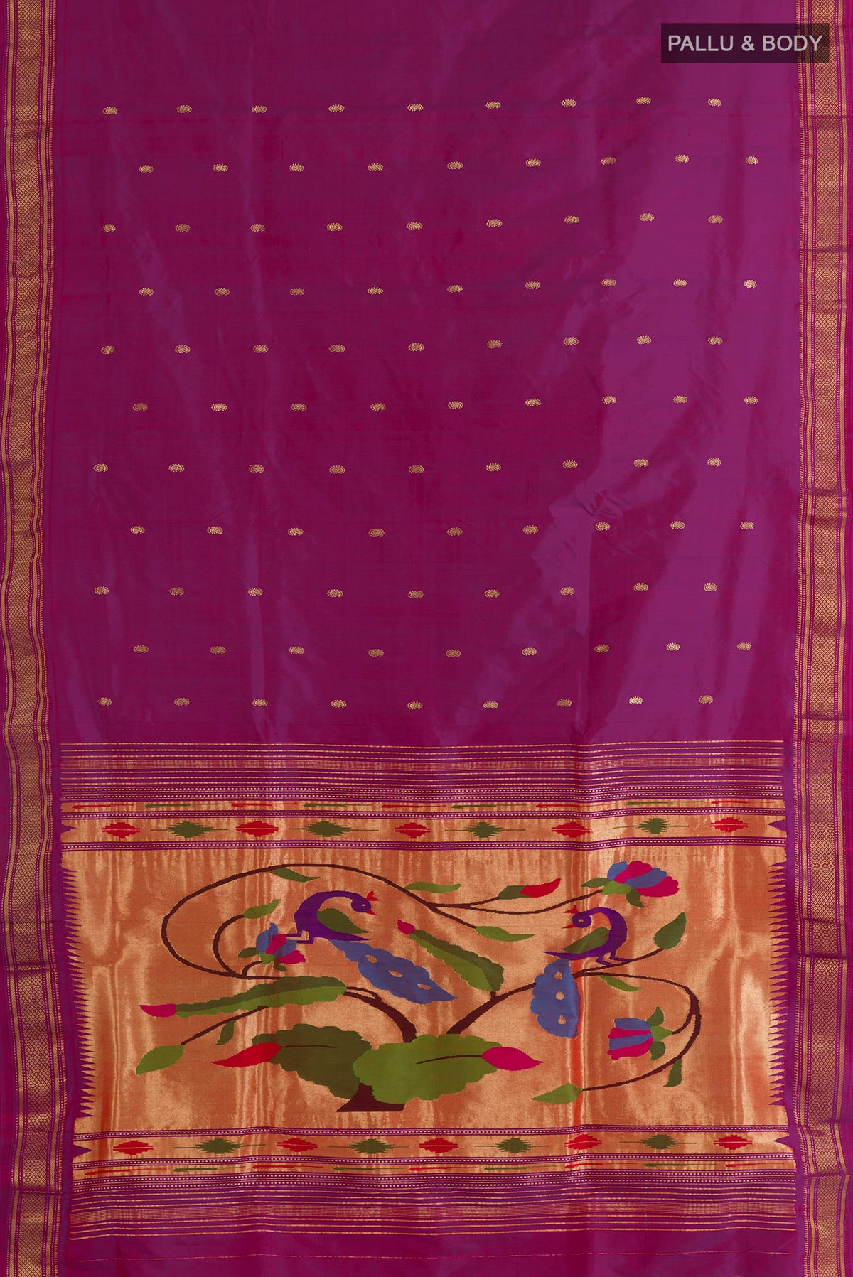 Flat view of Pure Silk Purple Paithani Saree with Zari Butta on the body and Zari Border. 