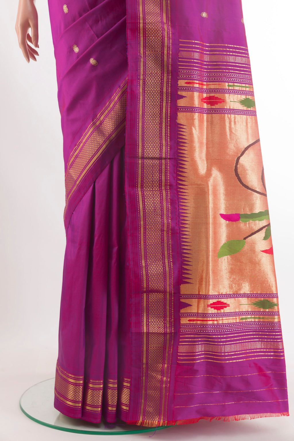 Pleats and pallu of Pure Silk Purple Paithani Saree with Zari Butta on the body and Zari Border. 