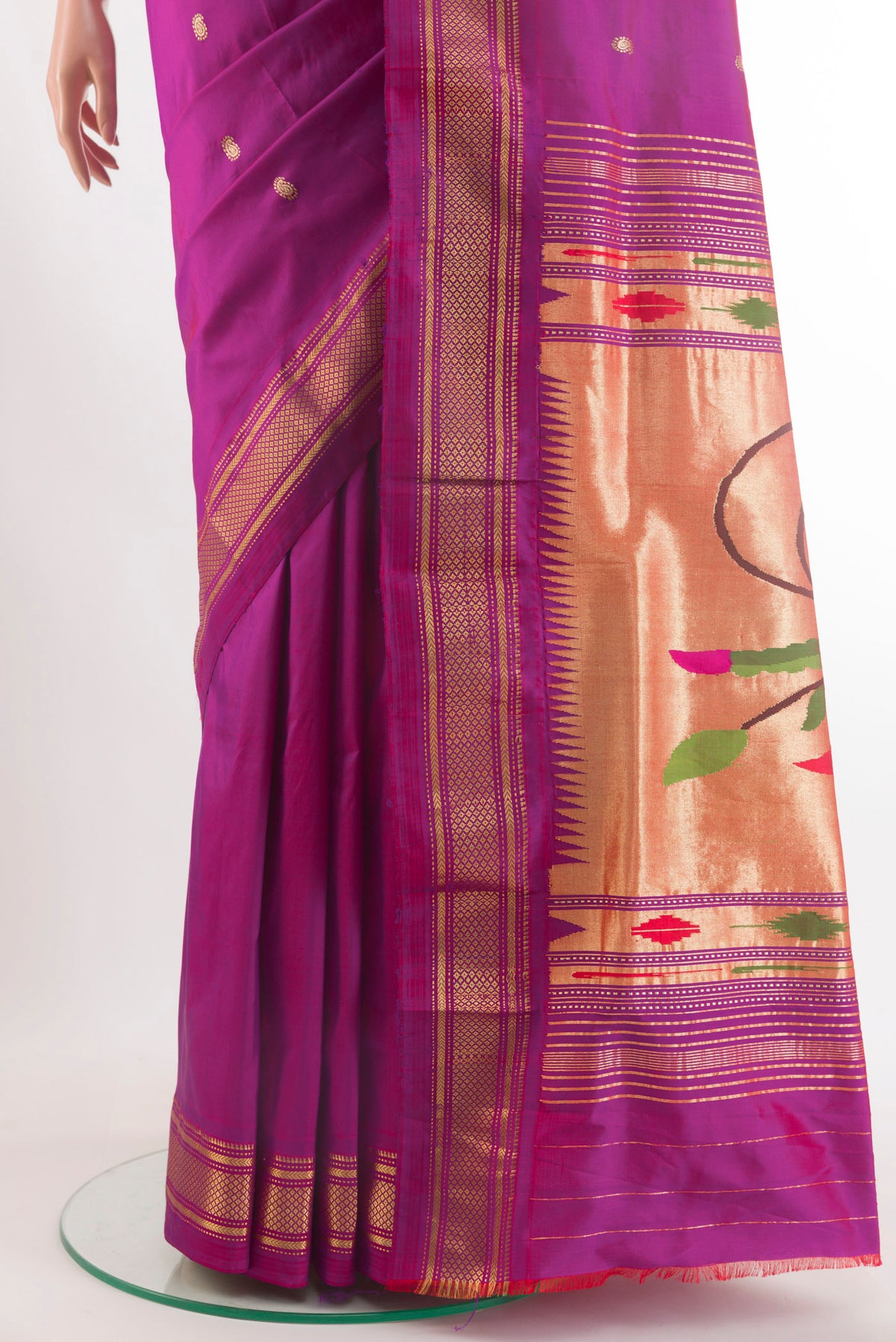 Pleats and pallu of Pure Silk Purple Paithani Saree with Zari Butta on the body and Zari Border. 