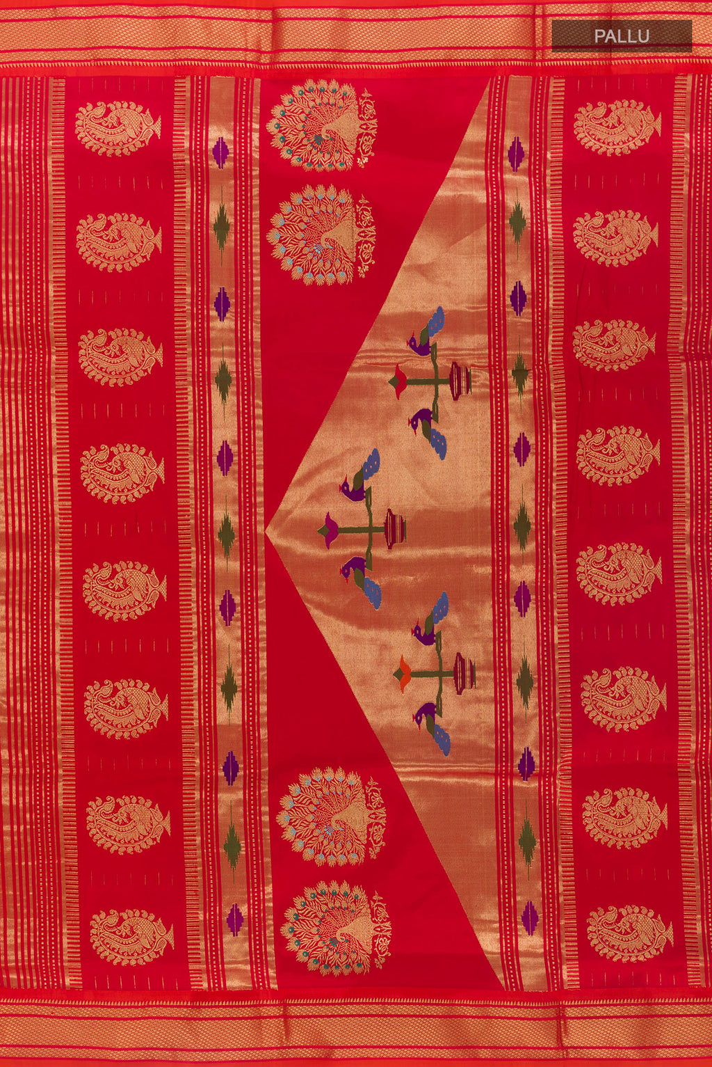 Close up image of the pallu of Pure Silk Pink Paithani Saree with Zari Butta on the body and Zari Border. 