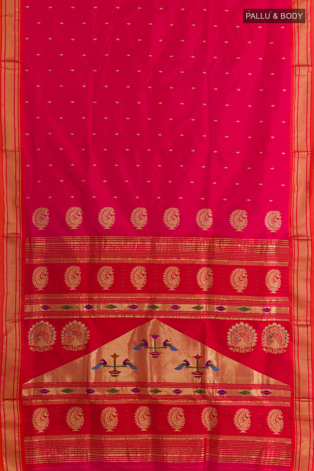 Flat view of Pure Silk Pink Paithani Saree with Zari Butta on the body and Zari Border. 