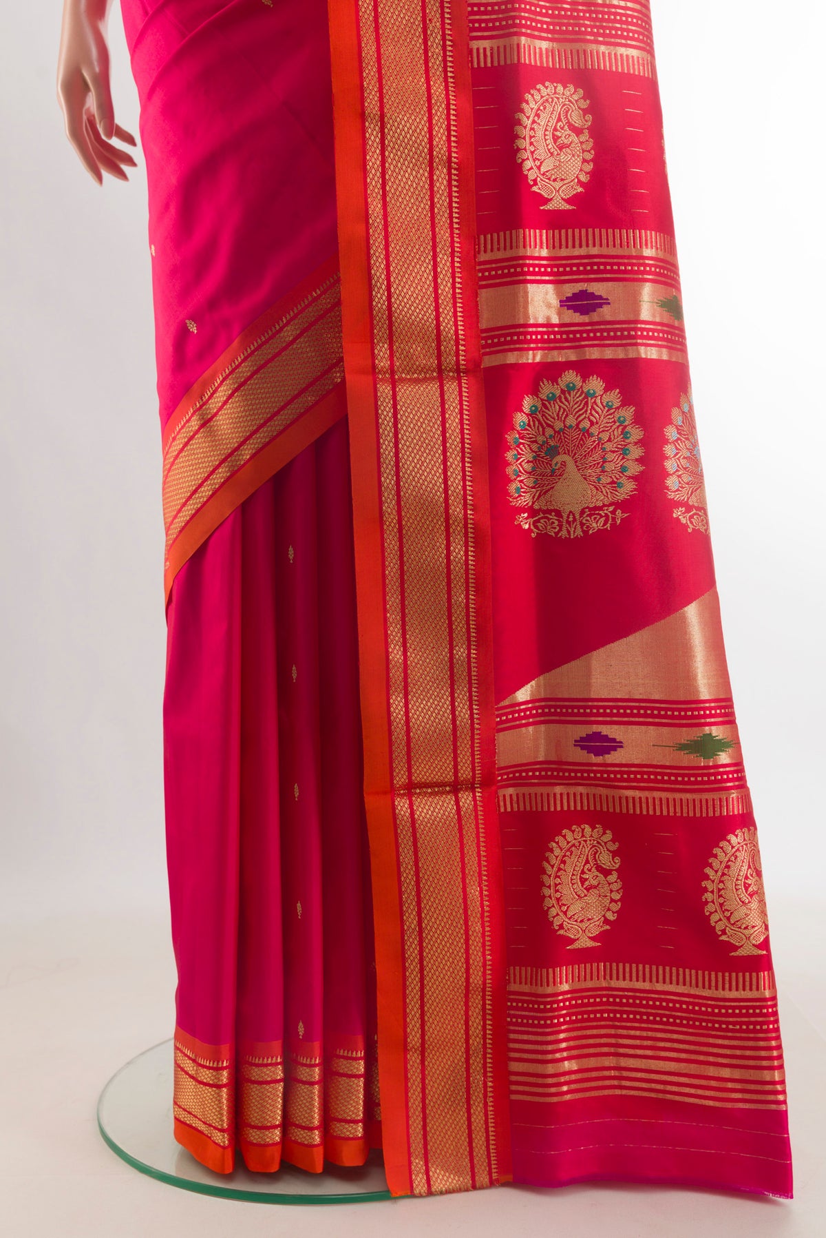 Pleats and pallu of Pure Silk Pink Paithani Saree with Zari Butta on the body and Zari Border. 