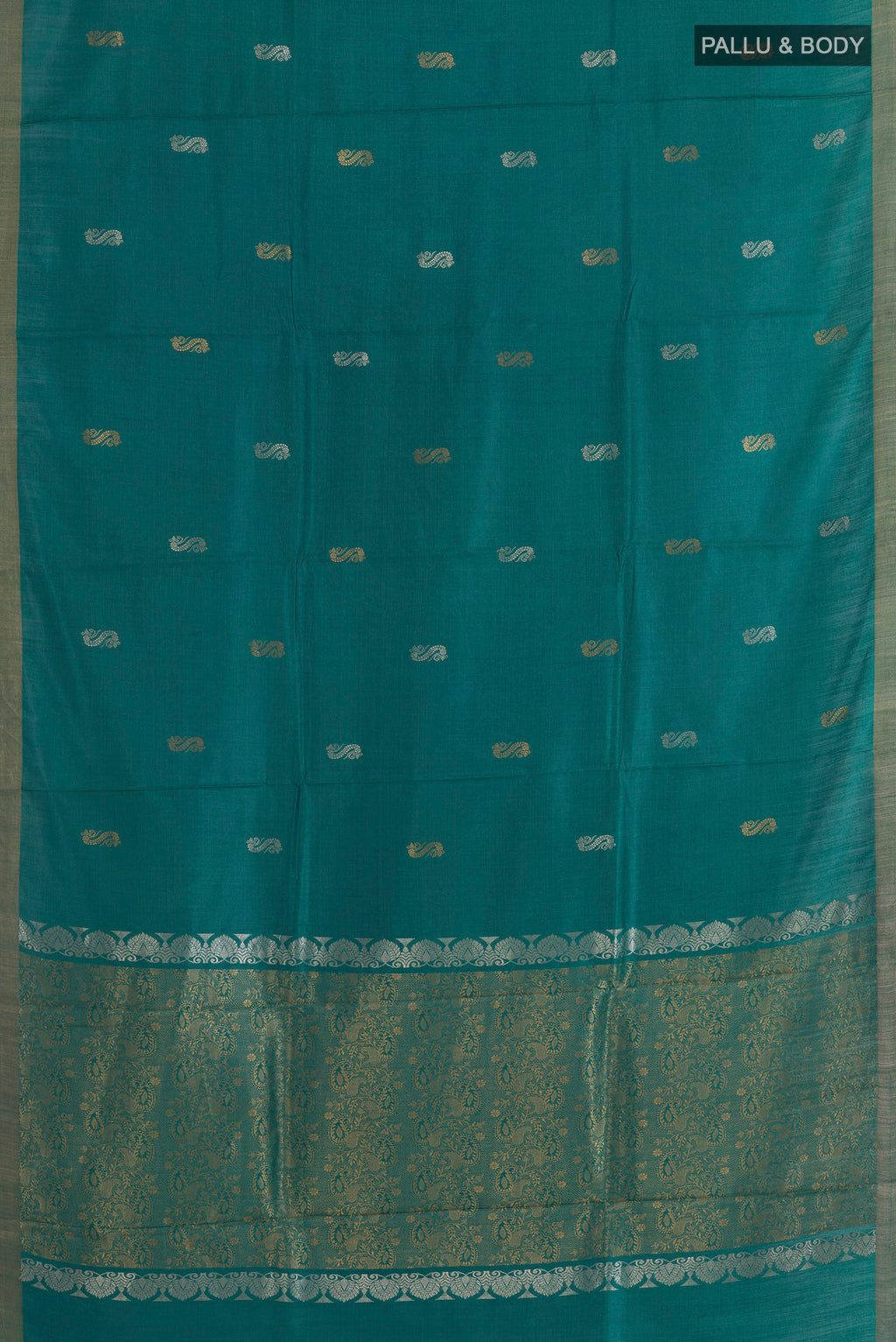 Flat view of Teal Tussar Saree with Zari Butta on the body and Zari Border. 