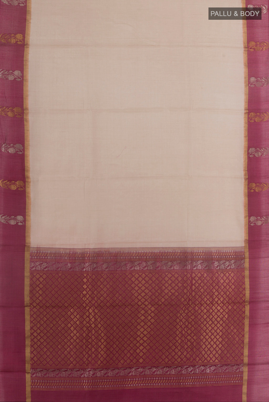 Flat view of Off White Tussar Saree with Plain Body and Zari Border. 