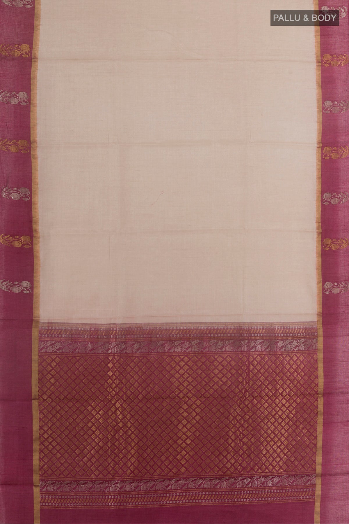 Flat view of Off White Tussar Saree with Plain Body and Zari Border. 