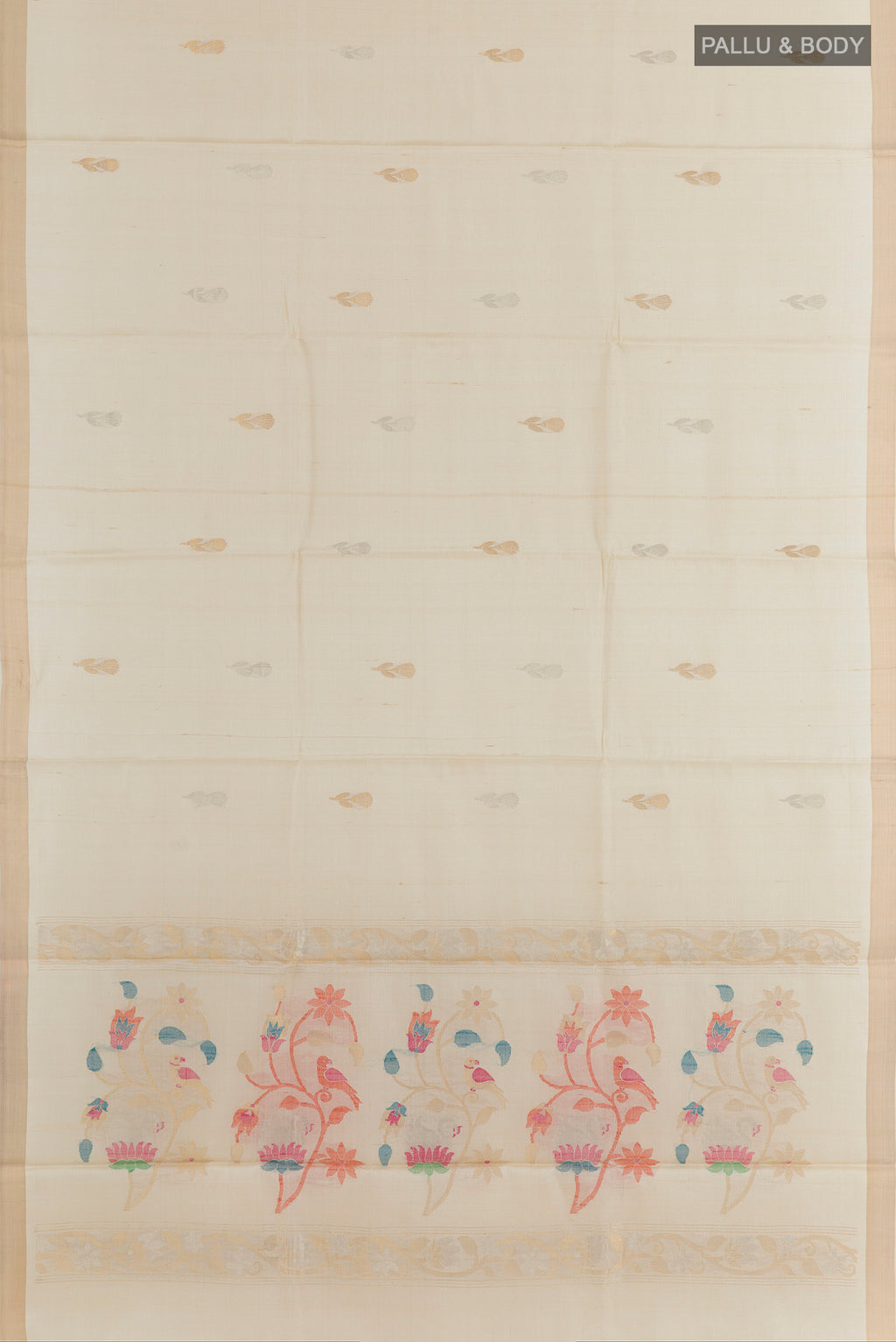 Flat view of Off White Tussar Saree with Zari Butta on the body and Zari Border. 