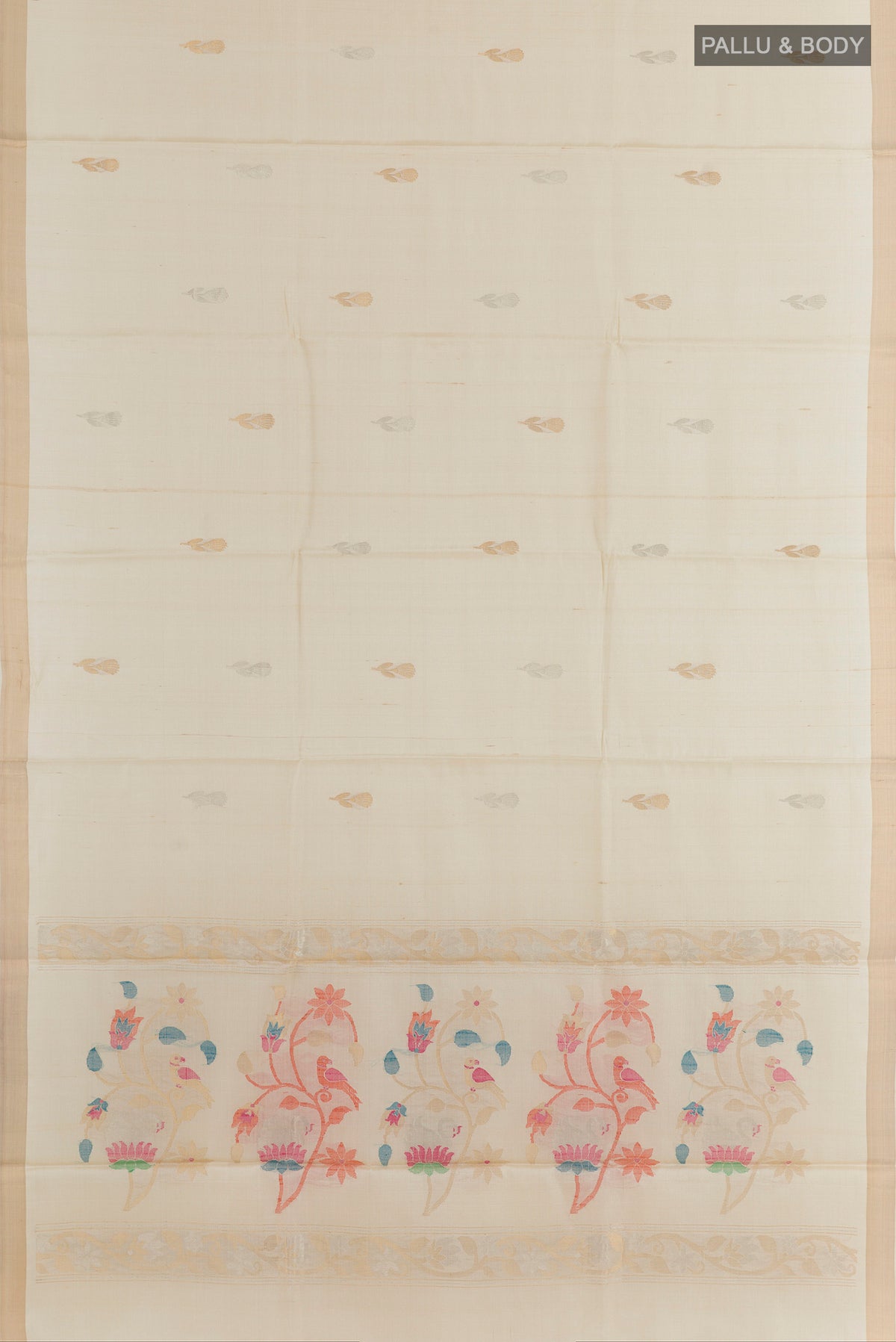 Flat view of Off White Tussar Saree with Zari Butta on the body and Zari Border. 