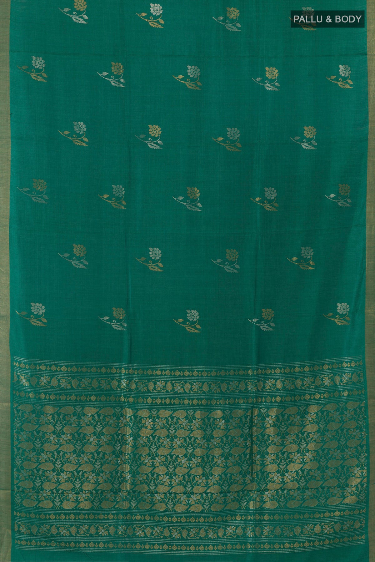 Flat view of Green Tussar Saree with Zari Butta on the body and Zari Border. 