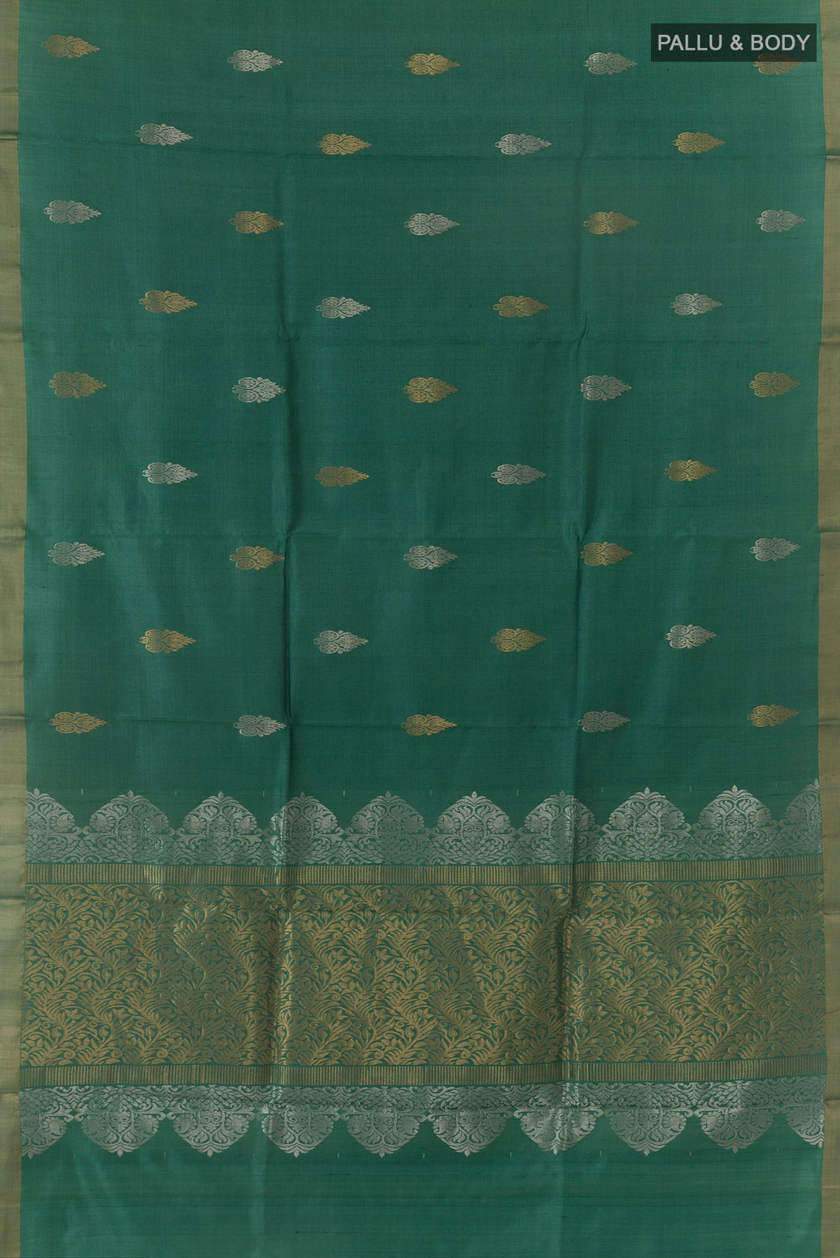 Flat view of Green Tussar Saree with Zari Butta on the body and Zari Border. 