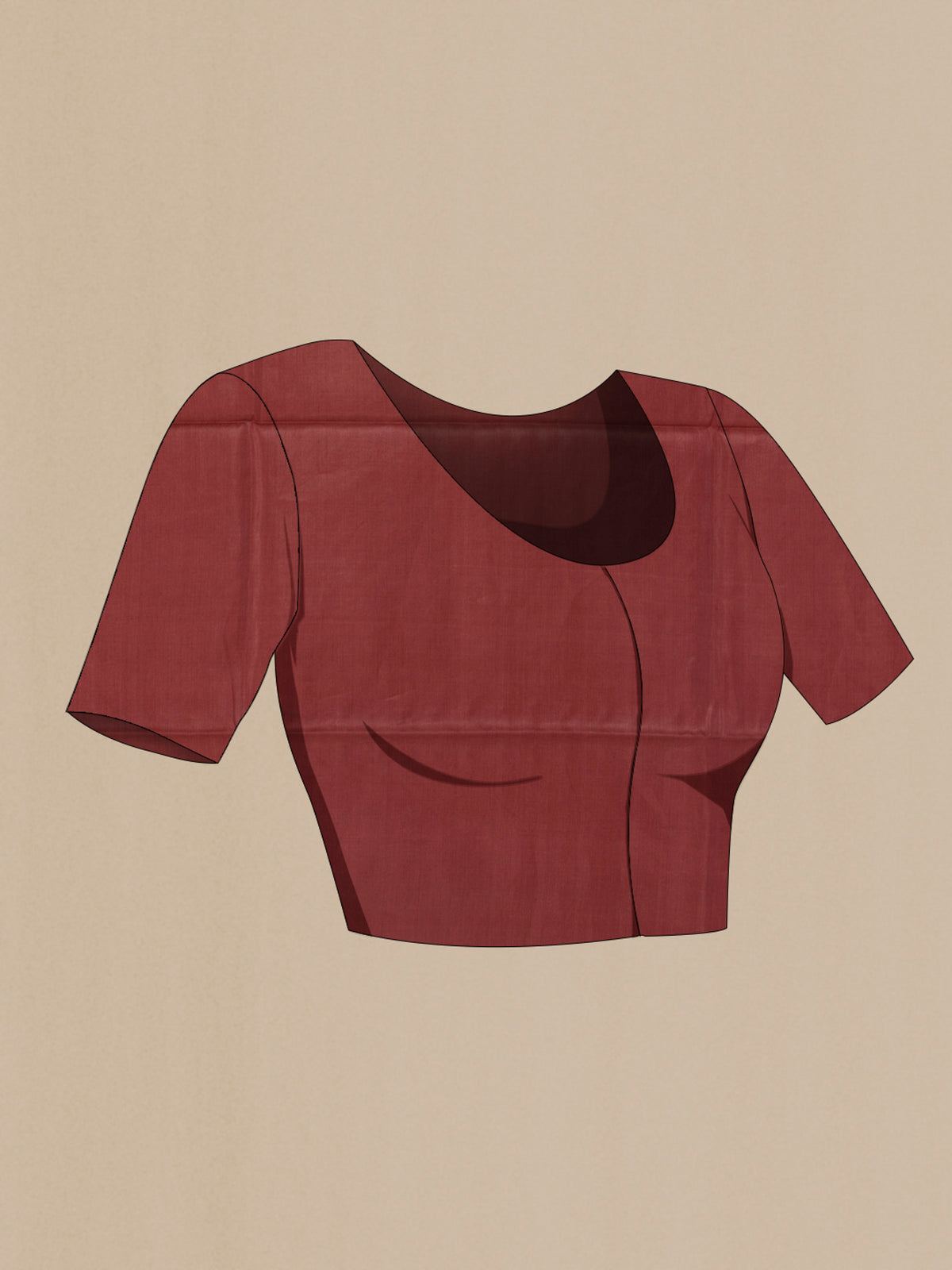 Close up image of the blouse of Rust Tussar Saree with Zari Butta on the body and Zari Border. 