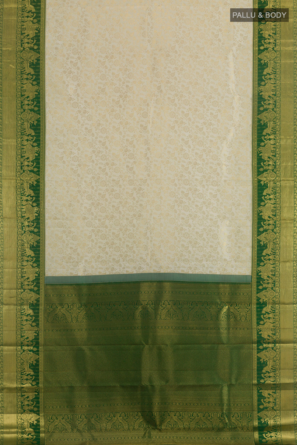 Flat view of Pure Silk Off White Kanjivaram Saree with Zari Brocade on the body and Zari Border. 