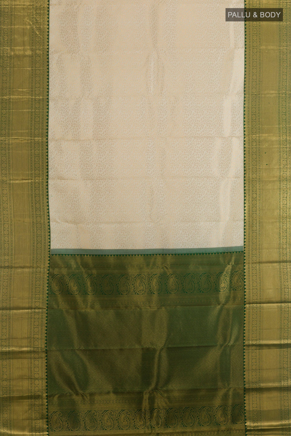 Flat view of Pure Silk Off White Kanjivaram Saree with Zari Brocade on the body and Zari Border. 