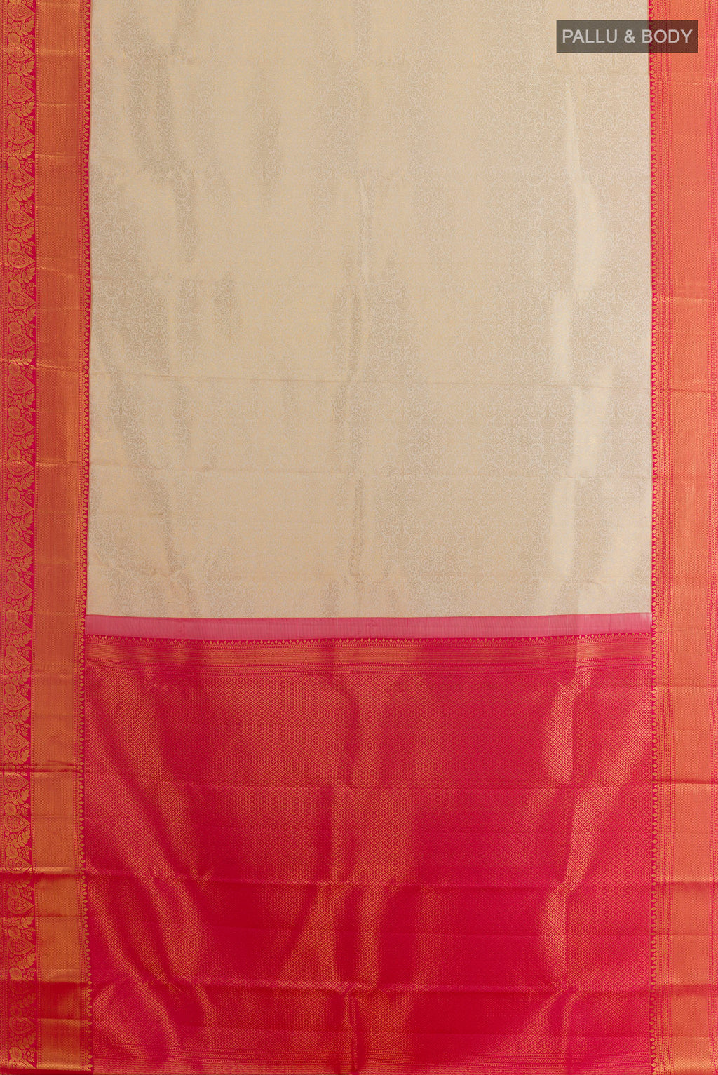 Flat view of Pure Silk Off White Kanjivaram Saree with Zari Brocade on the body and Zari Border. 