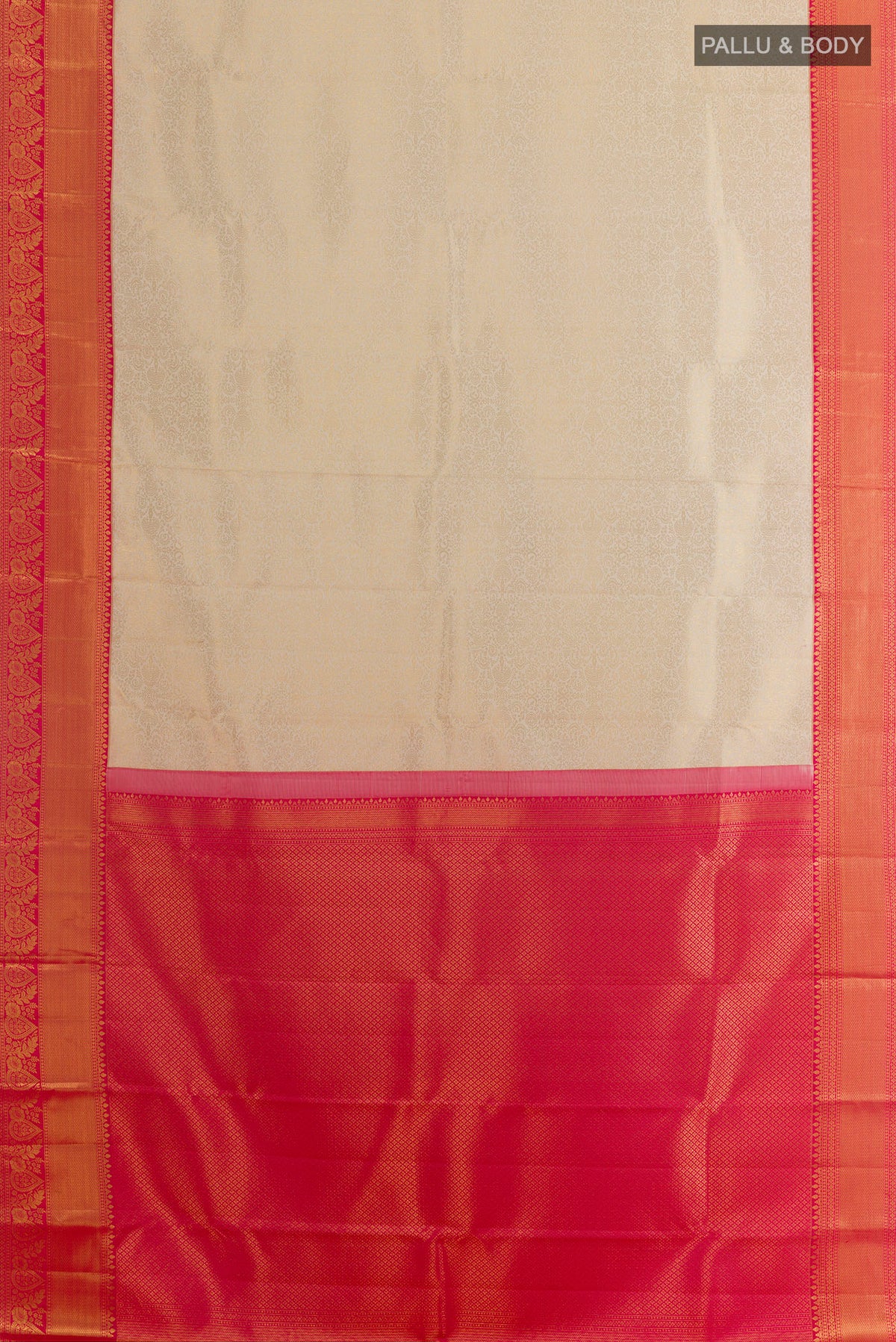 Flat view of Pure Silk Off White Kanjivaram Saree with Zari Brocade on the body and Zari Border. 