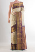 Pure Silk Off White Kanjivaram Saree with Zari Brocade on the body and Zari Border.  displayed on a mannequin