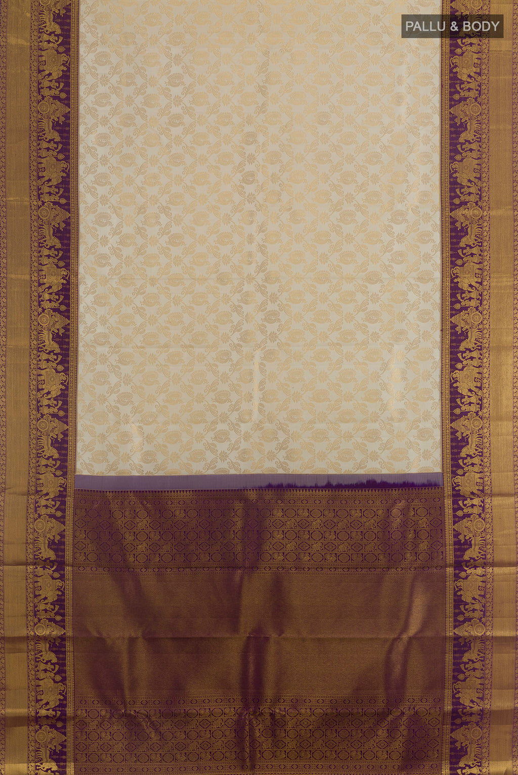 Flat view of Pure Silk Off White Kanjivaram Saree with Zari Brocade on the body and Zari Border. 