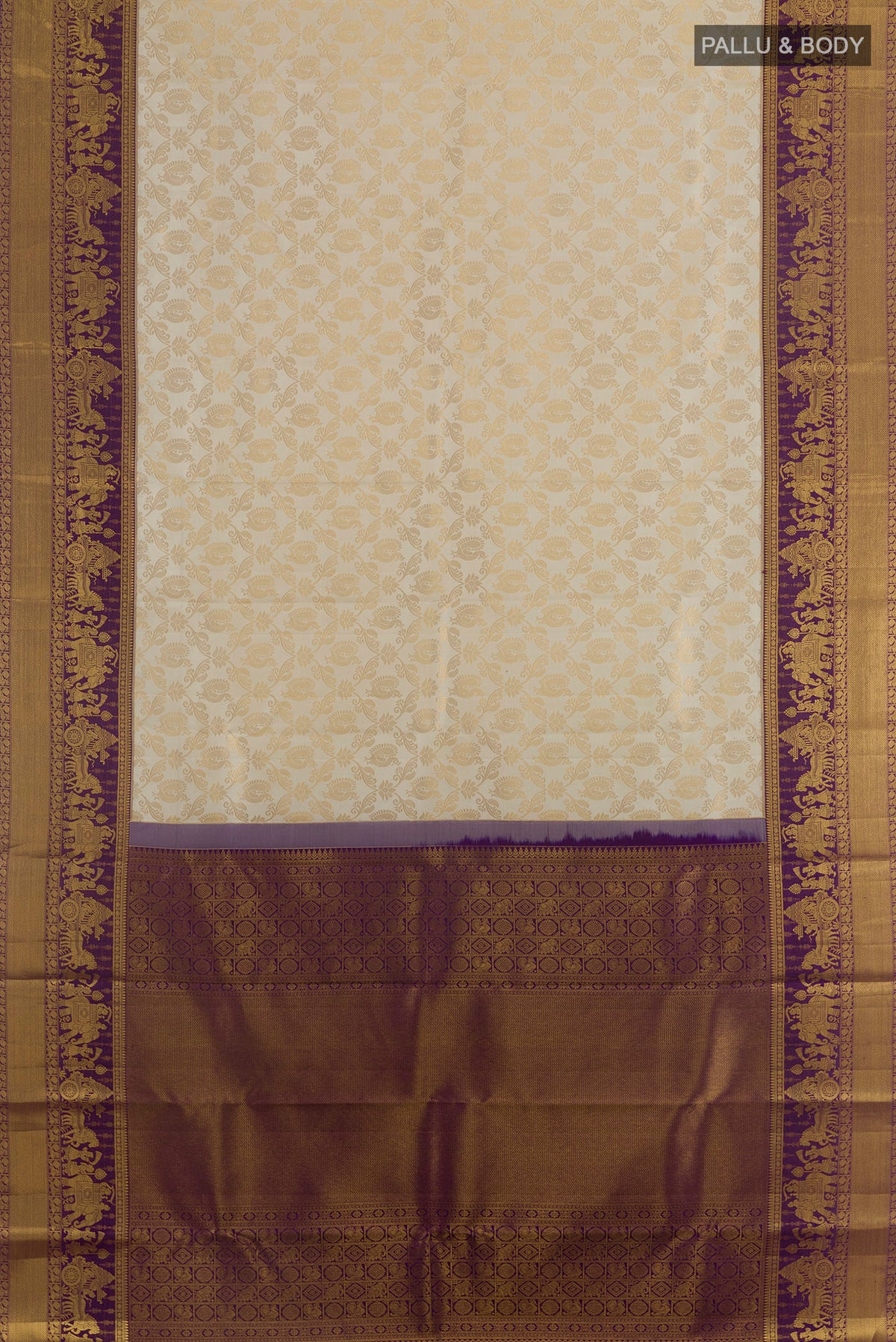 Flat view of Pure Silk Off White Kanjivaram Saree with Zari Brocade on the body and Zari Border. 
