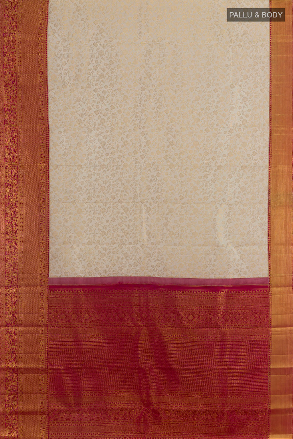 Flat view of Pure Silk Off White Kanjivaram Saree with Zari Brocade on the body and Zari Border. 
