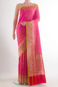 Pure Silk Pink Banarasi Katan Saree with Zari Butta on the body and Zari Border.  displayed on a mannequin