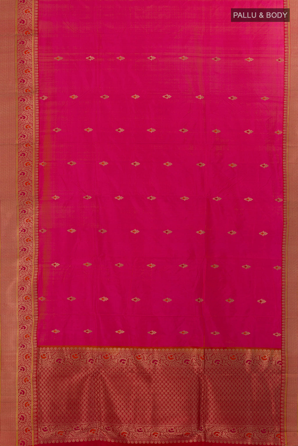Flat view of Pure Silk Pink Banarasi Katan Saree with Zari Butta on the body and Zari Border. 