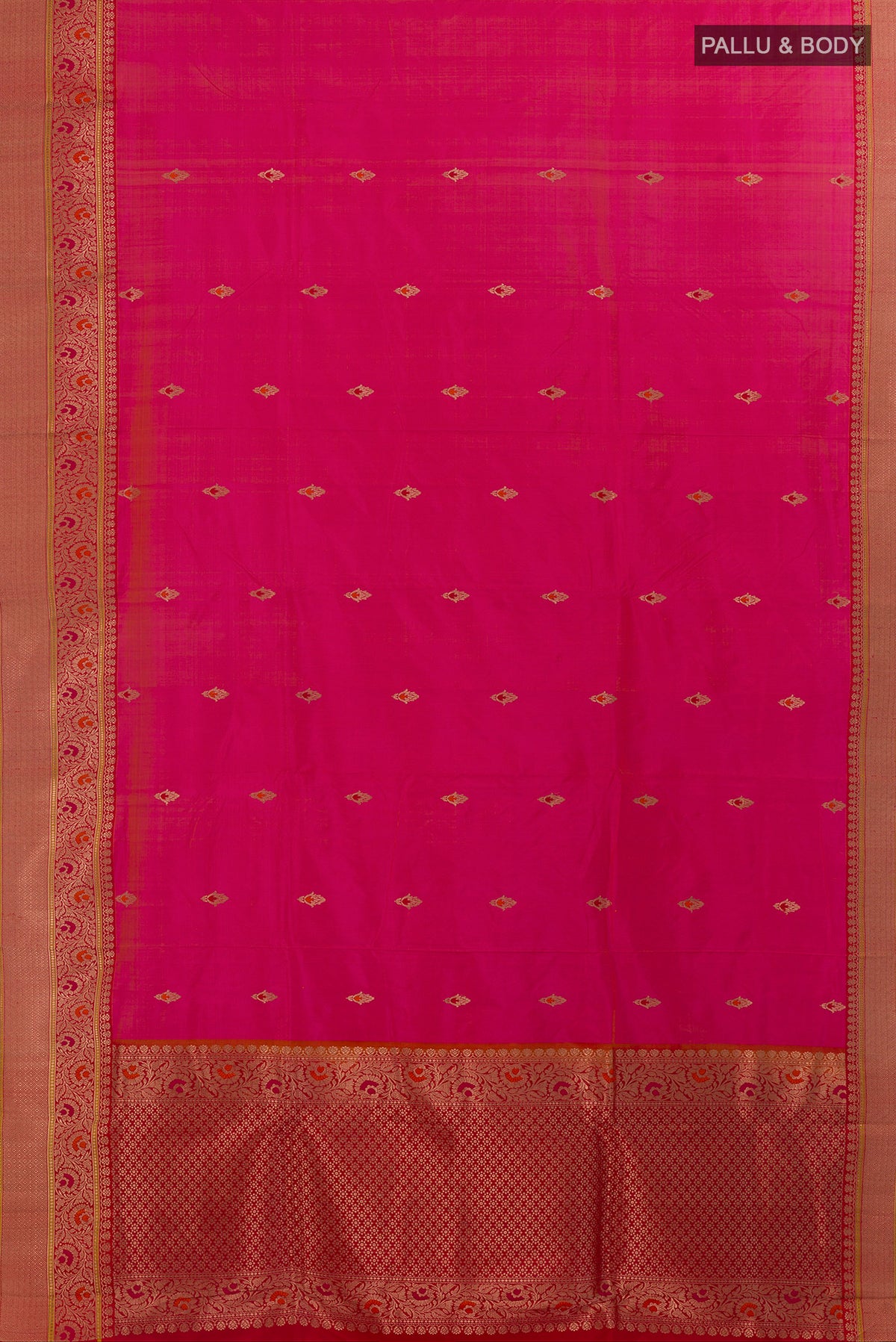 Flat view of Pure Silk Pink Banarasi Katan Saree with Zari Butta on the body and Zari Border. 