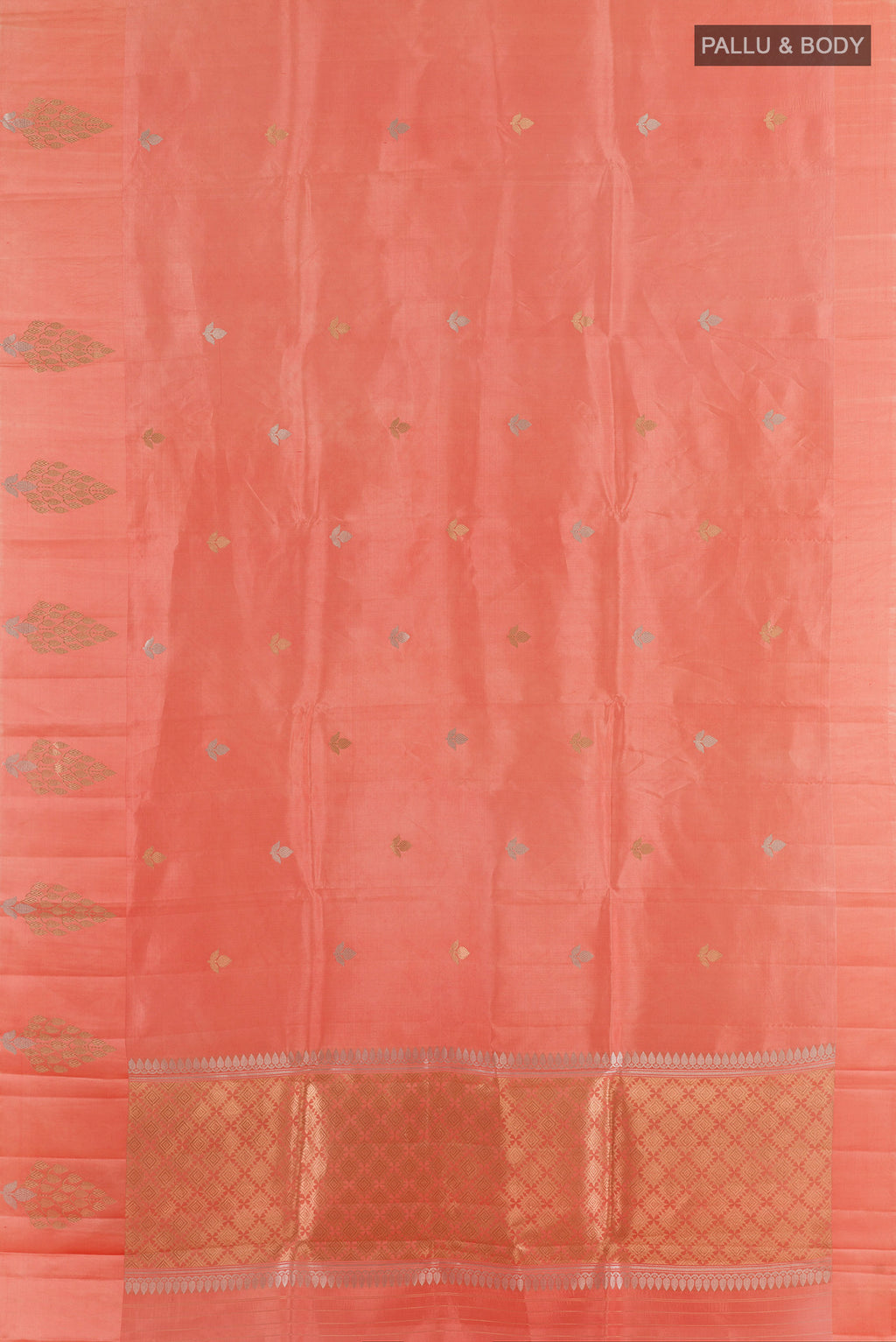 Flat view of Pure Silk Peach Banarasi Katan Saree with Zari Butta on the body and Zari Border. 