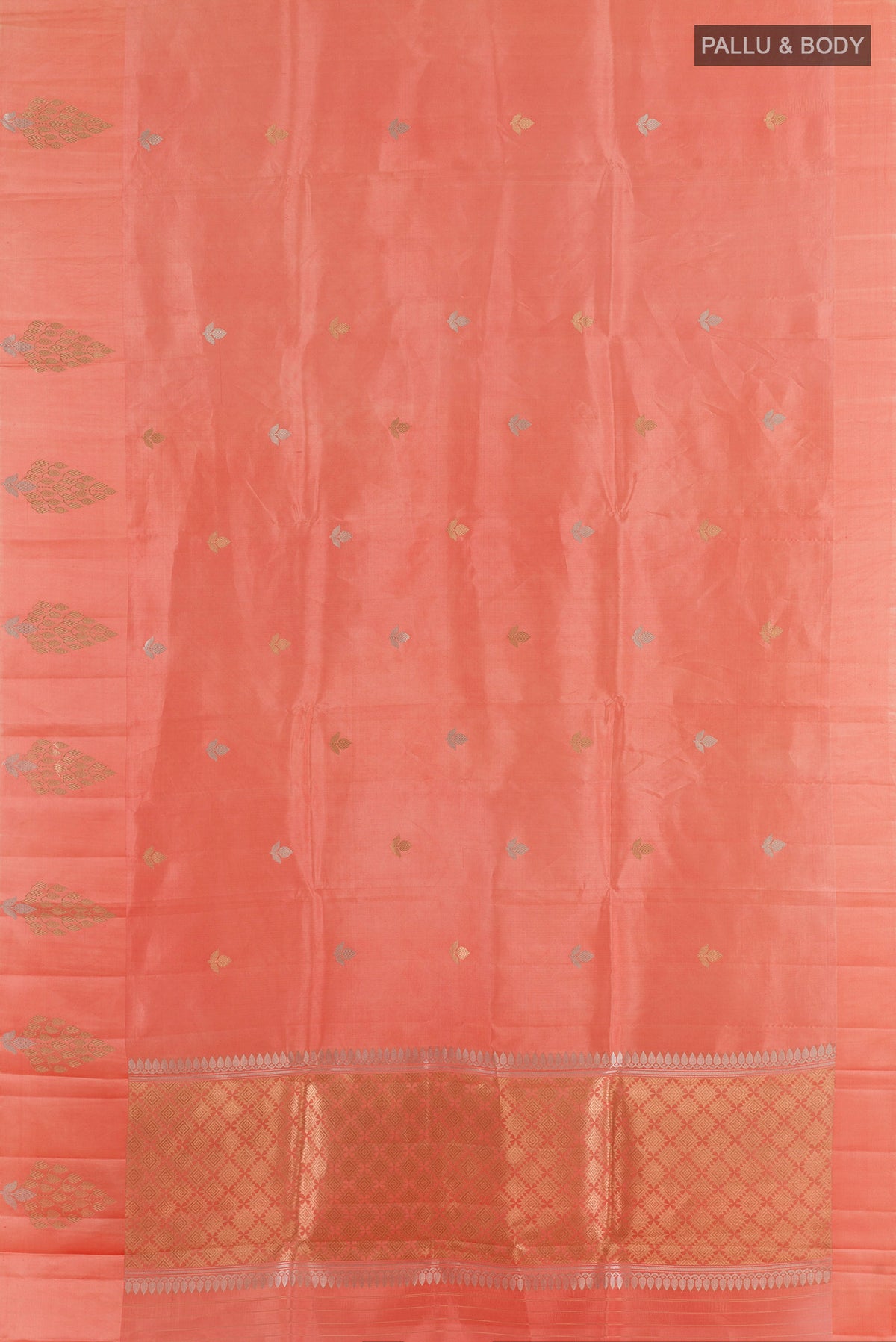 Flat view of Pure Silk Peach Banarasi Katan Saree with Zari Butta on the body and Zari Border. 