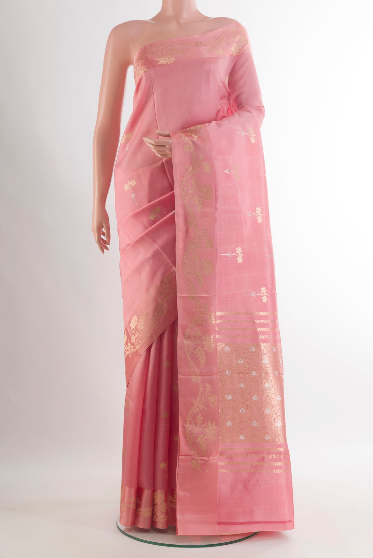 Pure Silk Pink Banarasi Katan Saree with Zari Butta on the body and Zari Border.  displayed on a mannequin