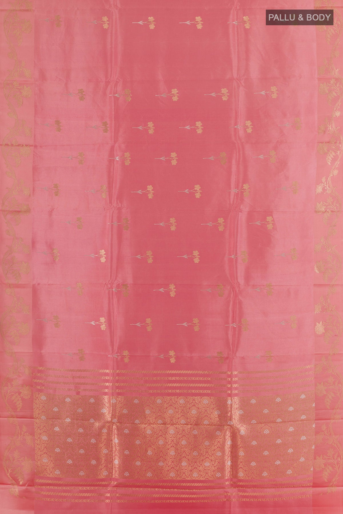 Flat view of Pure Silk Pink Banarasi Katan Saree with Zari Butta on the body and Zari Border. 