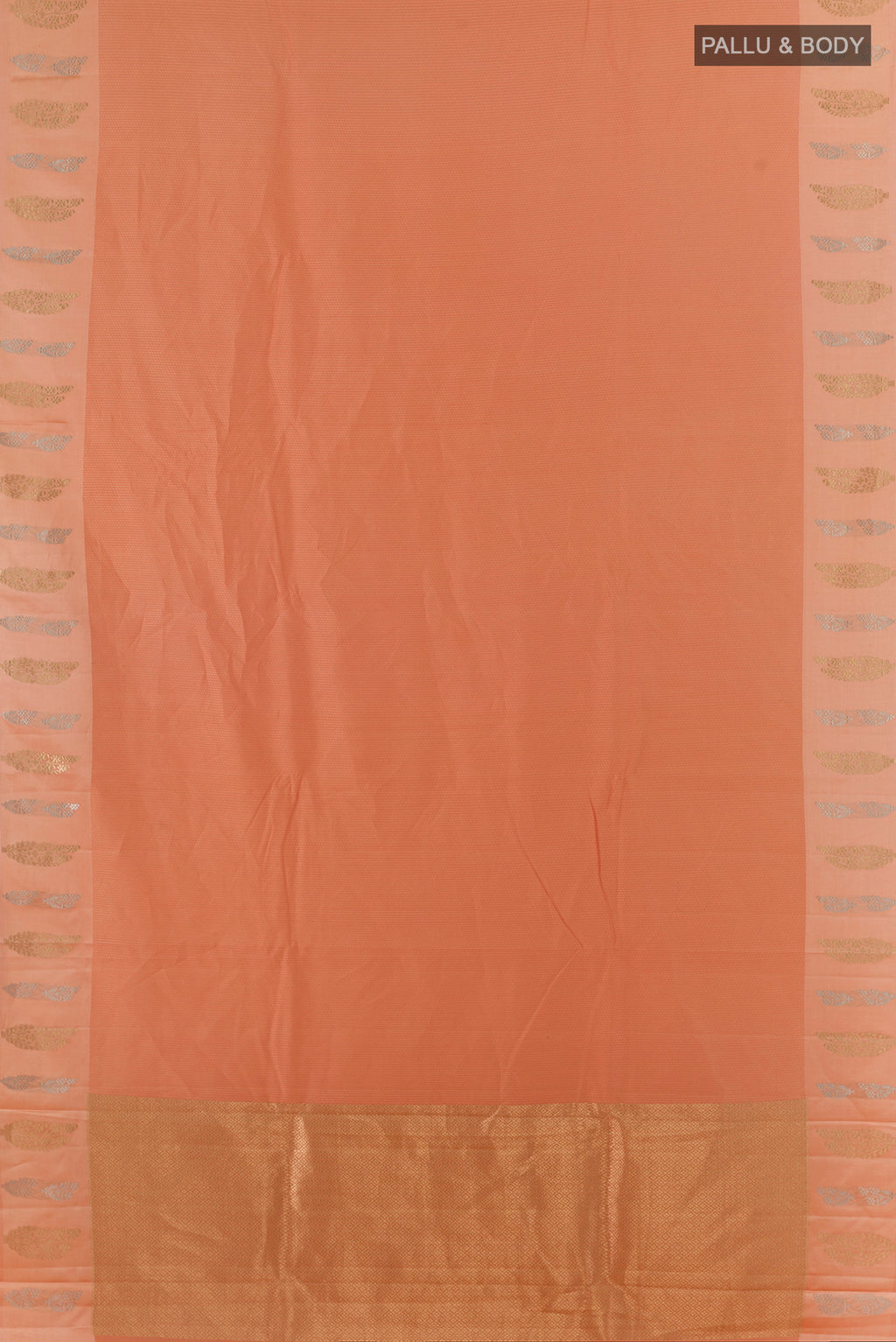 Flat view of Pure Silk Peach Banarasi Katan Saree with Stripes on the body and Zari Border. 