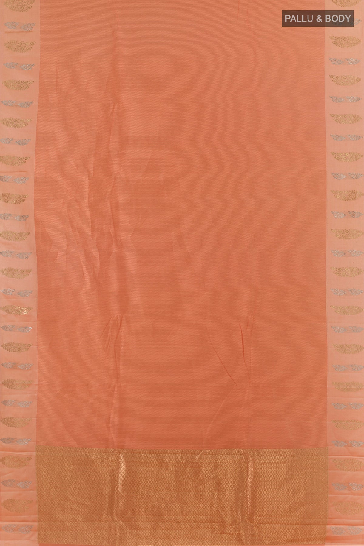 Flat view of Pure Silk Peach Banarasi Katan Saree with Stripes on the body and Zari Border. 