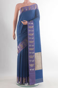 Pure Silk Blue Banarasi Katan Saree with Stripes on the body and Zari Border.  displayed on a mannequin