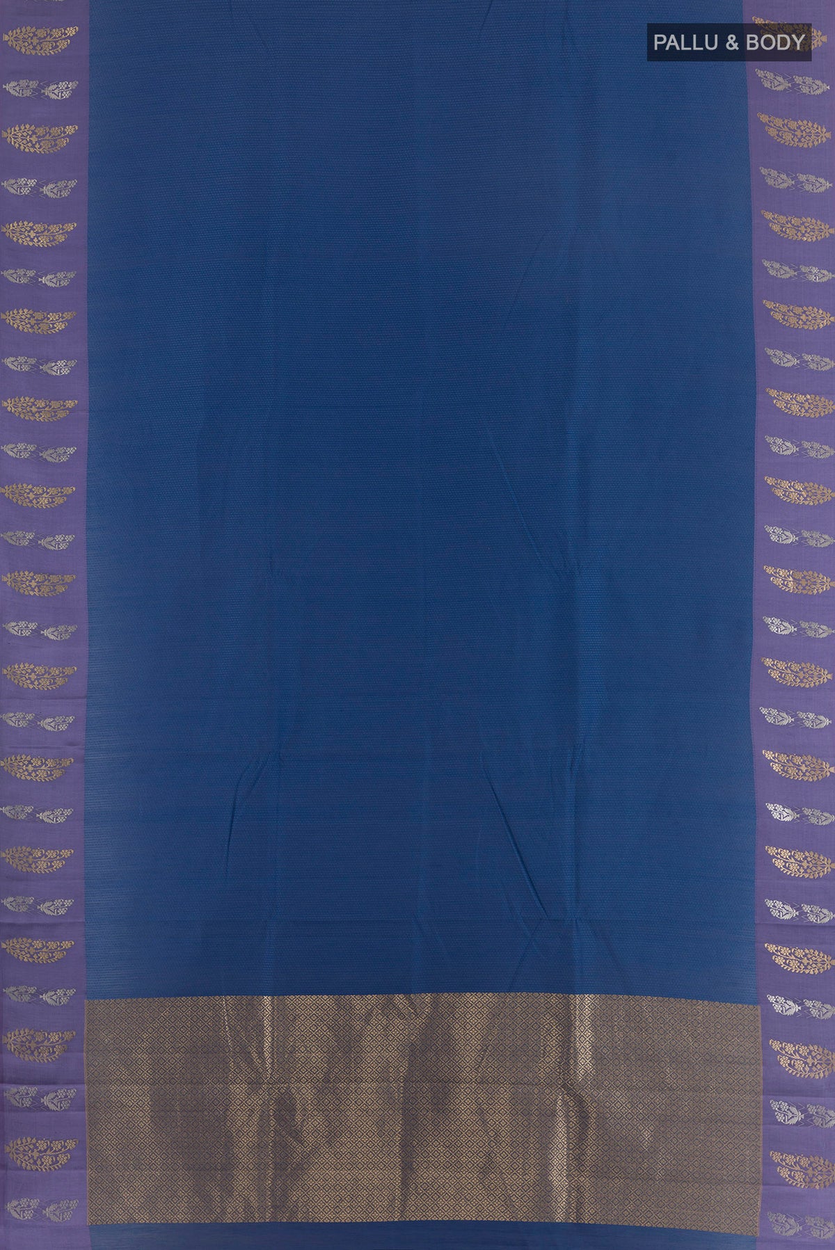 Flat view of Pure Silk Blue Banarasi Katan Saree with Stripes on the body and Zari Border. 