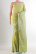Pure Silk Green Banarasi Katan Saree with Stripes on the body and Zari Border.  displayed on a mannequin