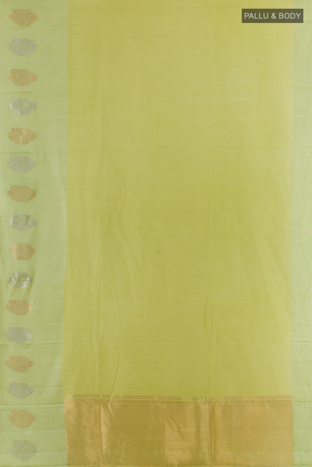 Flat view of Pure Silk Green Banarasi Katan Saree with Stripes on the body and Zari Border. 